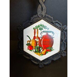 Vintage Nasco Japan Cast Iron Trivet With Colorful Kitchen Design & Bow Detail